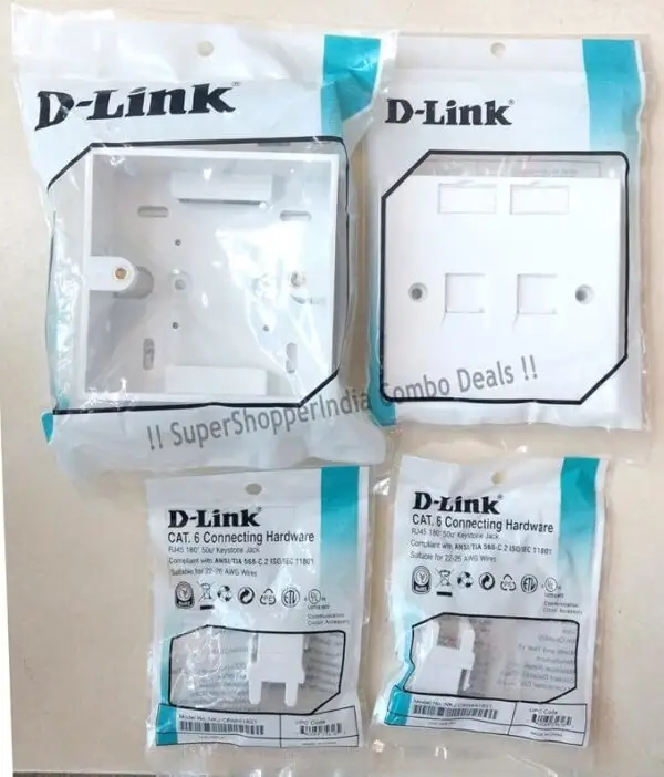 D-Link 2 Rj45 Cat6E Lan I/O Network Keystone Jack + Gang Box + Dual Port Face Plate (Combo)
